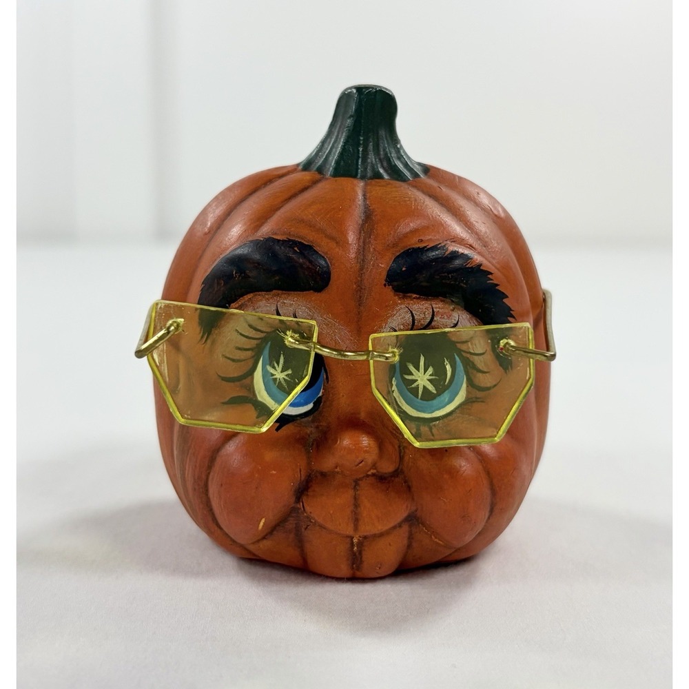 Vintage 80s Anthropomorphic Ceramic Pumpkin Figurine w/ Eyeglasses Decor 3.25"